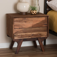 Baxton Studio Sierra-Rain Oak-NS Sierra Mid-Century Modern Brown Wood 2-Drawer Nightstand